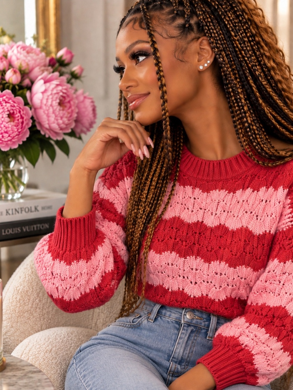 Cotton Candy LA Women's Small Red and Pink Striped Knit Sweater